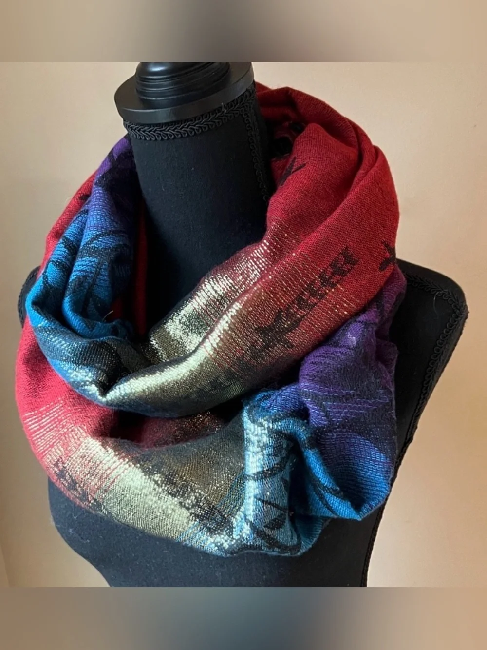 Multicolor Bontanical Floral Gold Woven Polyester Fringe Scarf Wear Many Ways